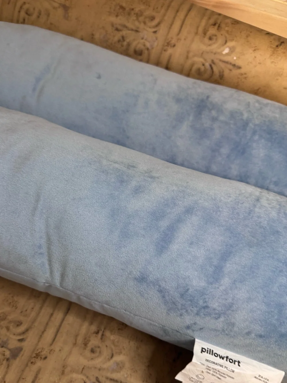 Set of 2 Pillowfort Light Blue Velvet Bolsters with Dark Blue Piping